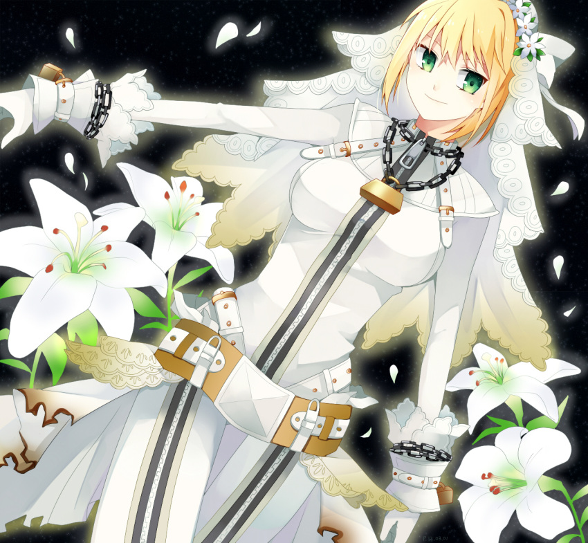 ahoge bodysuit chain chains fate/extra fate/extra_ccc fate_(series) flower gloves green_eyes highres lily_(flower) lock mmm_ss padlock saber_bride saber_extra solo veil white_gloves