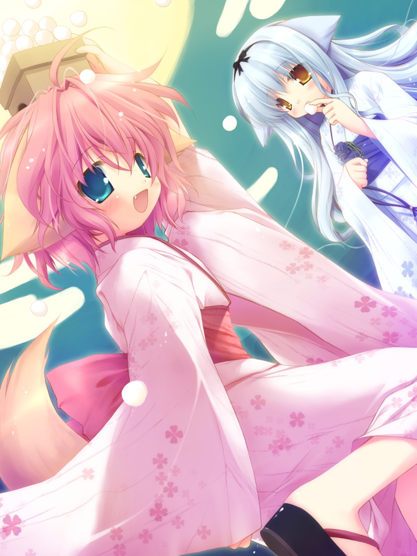 2girls :d animal_ears artist_request blue_eyes blue_hair boom brown_hair dango fang food geta highres japanese_clothes kimono lossy-lossless multiple_girls open_mouth pink_hair smile tail wagashi wanko_to_lily