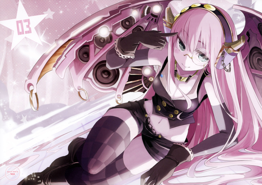 absurdres aqua_eyes bare_shoulders black_legwear boots breasts checkered checkered_legwear cleavage elbow_gloves gloves hairband headphones highres long_hair lying mechanical_wings megurine_luka midriff monocle navel on_side pink_hair shorts smile solo tansuke thigh-highs thighhighs vest vocaloid wings