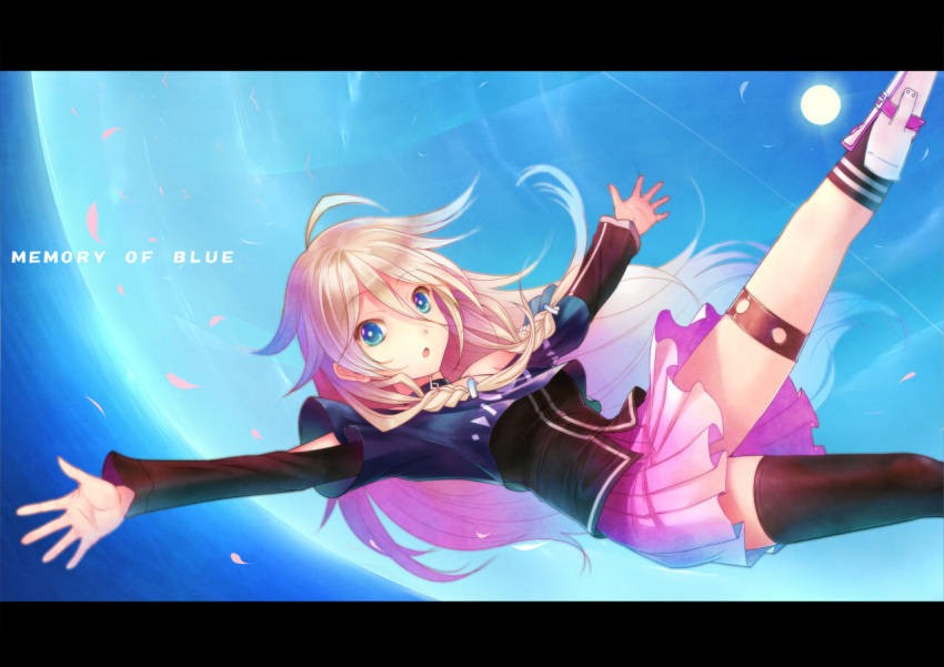 ahoge bare_shoulders blue_eyes braid falling fisheye highres ia_(vocaloid) letterboxed long_hair looking_at_viewer ocean off_shoulder open_mouth outstretched_arms petals pink_hair single_thighhigh skirt sky solo spread_arms sts sun thigh-highs thigh_strap thighhighs twin_braids very_long_hair vocaloid