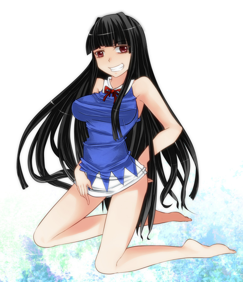 aoshima bangs bare_legs bare_shoulders barefoot black_hair blue_dress blunt_bangs breasts cirno cirno_(cosplay) cosplay dress glasses grin highres houraisan_kaguya kneeling large_breasts lazy_eye long_hair red-framed_glasses smile solo taut_clothes taut_dress touhou very_long_hair