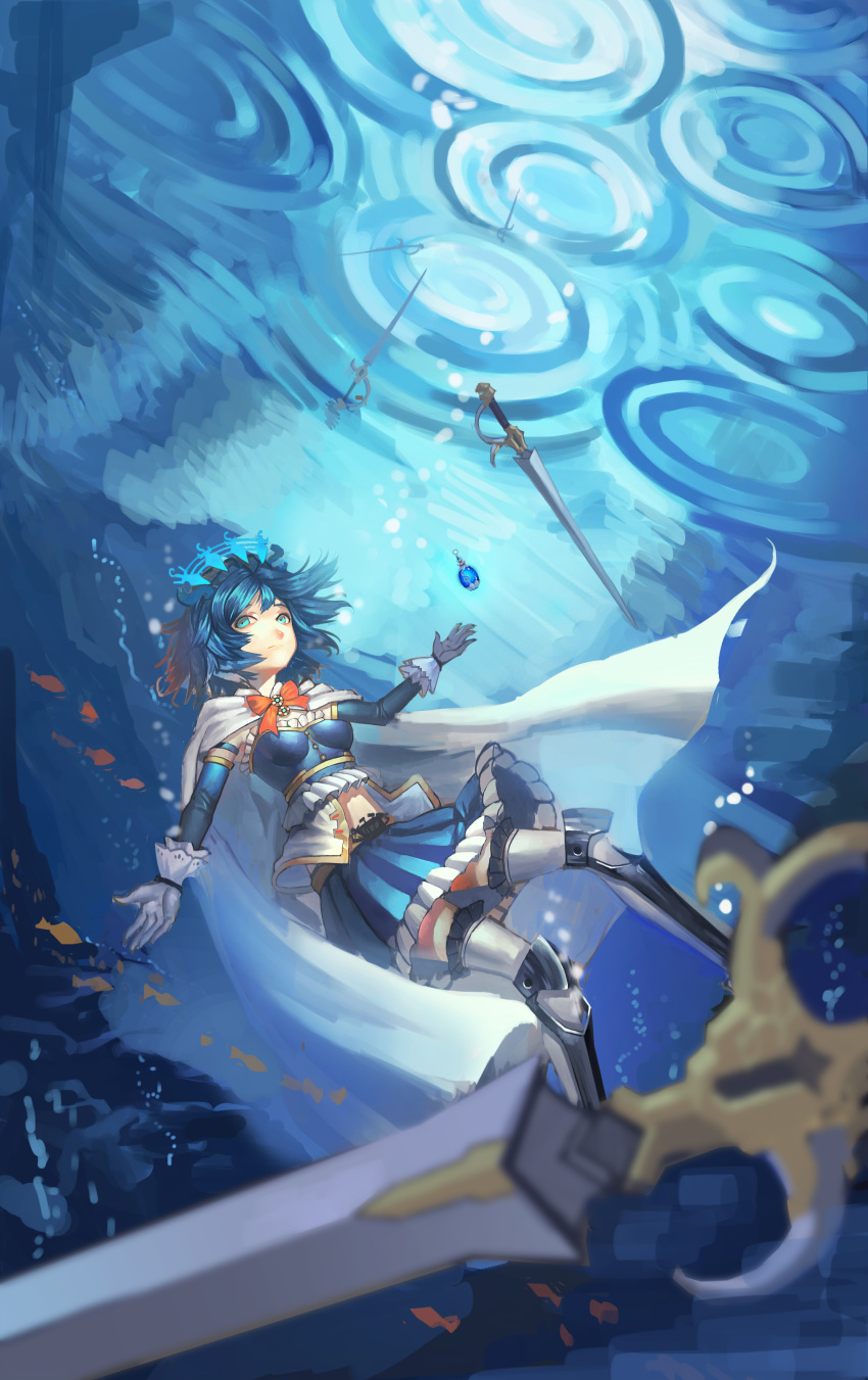 absurdres adapted_costume armband armor blue_eyes blue_hair blurry bow cape depth_of_field fish foreshortening gloves highres magical_girl mahou_shoujo_madoka_magica miki_sayaka oktavia_von_seckendorff shew1991 short_hair solo soul_gem spoilers sword underwater weapon