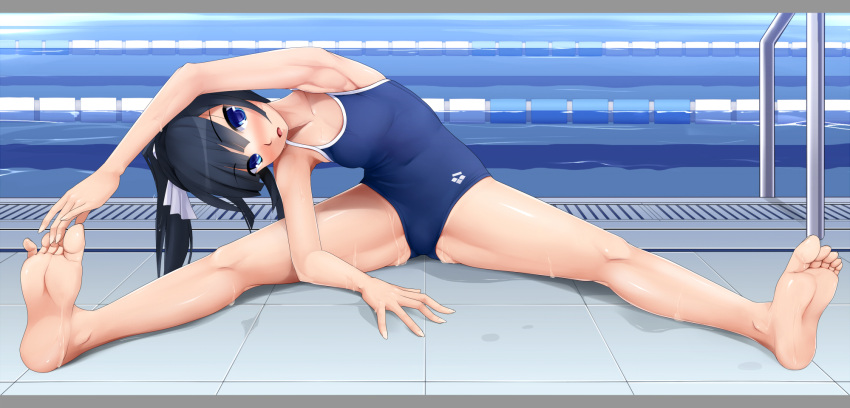 armpits barefoot black_hair blue_eyes breasts eto feet hands_on_feet highres long_hair one-piece_swimsuit original ponytail pool poolside school_swimsuit soles solo spread_legs stretch swimsuit toes water wet