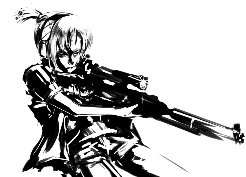 alchemybro drawfag ear_protection greyscale gun iris_(material_sniper) jacket material_sniper monochrome rifle scope short_ponytail sleeves_rolled_up sniper_rifle solo weapon