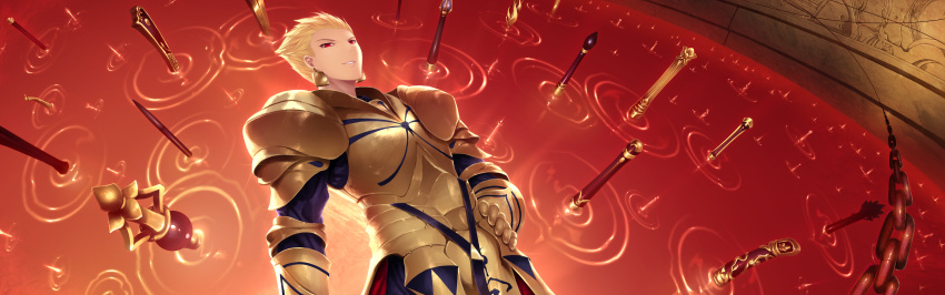 absurdres blonde_hair breastplate cait chain chains earrings fate/stay_night fate_(series) faulds gate_of_babylon gauntlets gilgamesh hand_on_hip highres hips jewelry long_image male parted_lips pauldrons red_eyes short_hair smile solo sword_hilt too_many_weapons weapon wide_image