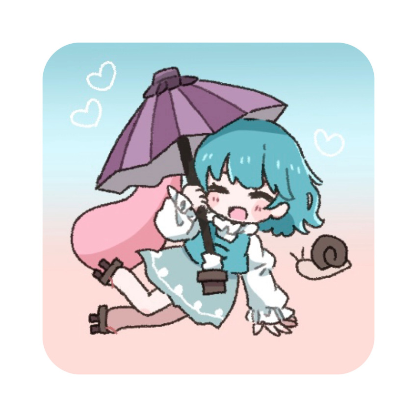 1girl ^_^ blue_background blue_hair blue_skirt blue_vest blush border brown_shoes chibi closed_eyes commentary_request full_body geta gradient_background heart highres holding holding_umbrella juliet_sleeves karakasa_obake long_sleeves open_mouth pink_background puffy_sleeves purple_umbrella salt_(saltty) shoes short_hair skirt smile snail tatara_kogasa touhou umbrella vest white_border
