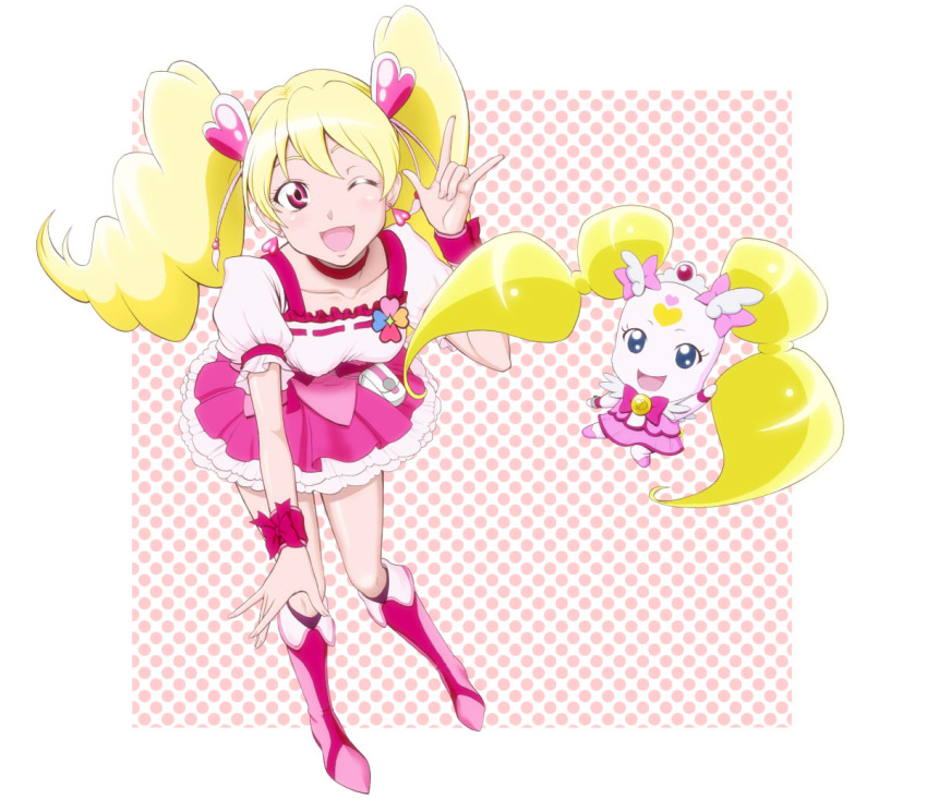 \m/ blonde_hair blue_eyes boots candy_(smile_precure!) choker creature cure_candy cure_peach fresh_precure! hair_ornament hairpin long_hair look-alike magical_girl momozono_love pink_eyes precure sabamiso skirt smile smile_precure! twintails wink