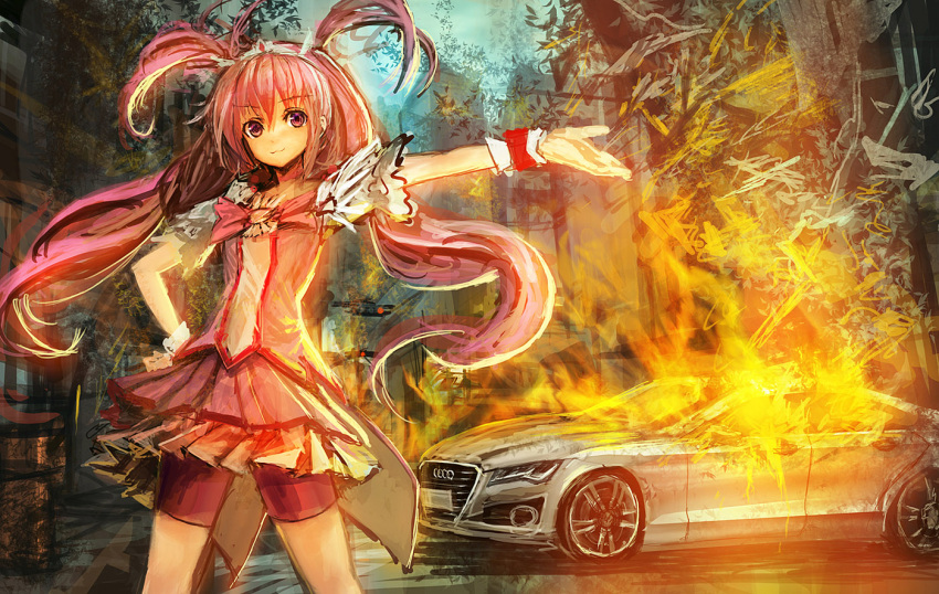 &gt;:3 1girl :3 audi bike_shorts car character_request city cure_happy dress fire frills hair_between_eyes hand_on_hip hips hoshizora_miyuki lm7_(op-center) long_hair looking_at_viewer magical_girl motor_vehicle op-center outstretched_arm pink_hair precure pretty_cure smile smile_precure! solo tagme_(character) tiara traffic_light vehicle very_long_hair