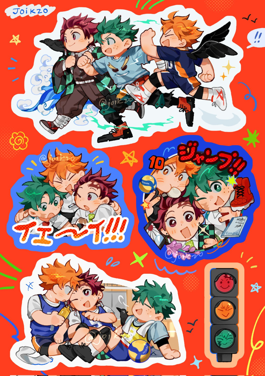 3boys ball black_hair blush boku_no_hero_academia bottle checkered_haori closed_mouth commentary demon_slayer_uniform earrings freckles green_eyes green_necktie haikyuu!! haori highres hinata_shouyou jacket japanese_clothes jewelry joikzo kamado_tanjirou kimetsu_gakuen kimetsu_no_yaiba midoriya_izuku multiple_boys necktie open_mouth orange_eyes orange_hair pants red_necktie scar scar_on_face scar_on_forehead school_uniform shirt short_hair shorts smile spiky_hair sportswear towel towel_around_neck traffic_light u.a._school_uniform untranslatable_commentary volleyball_(object) volleyball_uniform water_bottle white_shirt