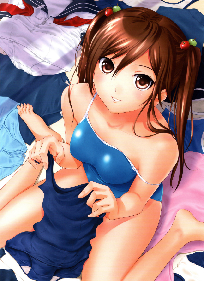 :3 absurdres bare_legs bare_shoulders barefoot brown_eyes brown_hair copyright_request from_above hair_bobbles hair_ornament highres looking_at_viewer looking_up one-piece_swimsuit school_swimsuit school_uniform serafuku sitting smile solo strap_slip swimsuit tsuchinoto twintails wariza