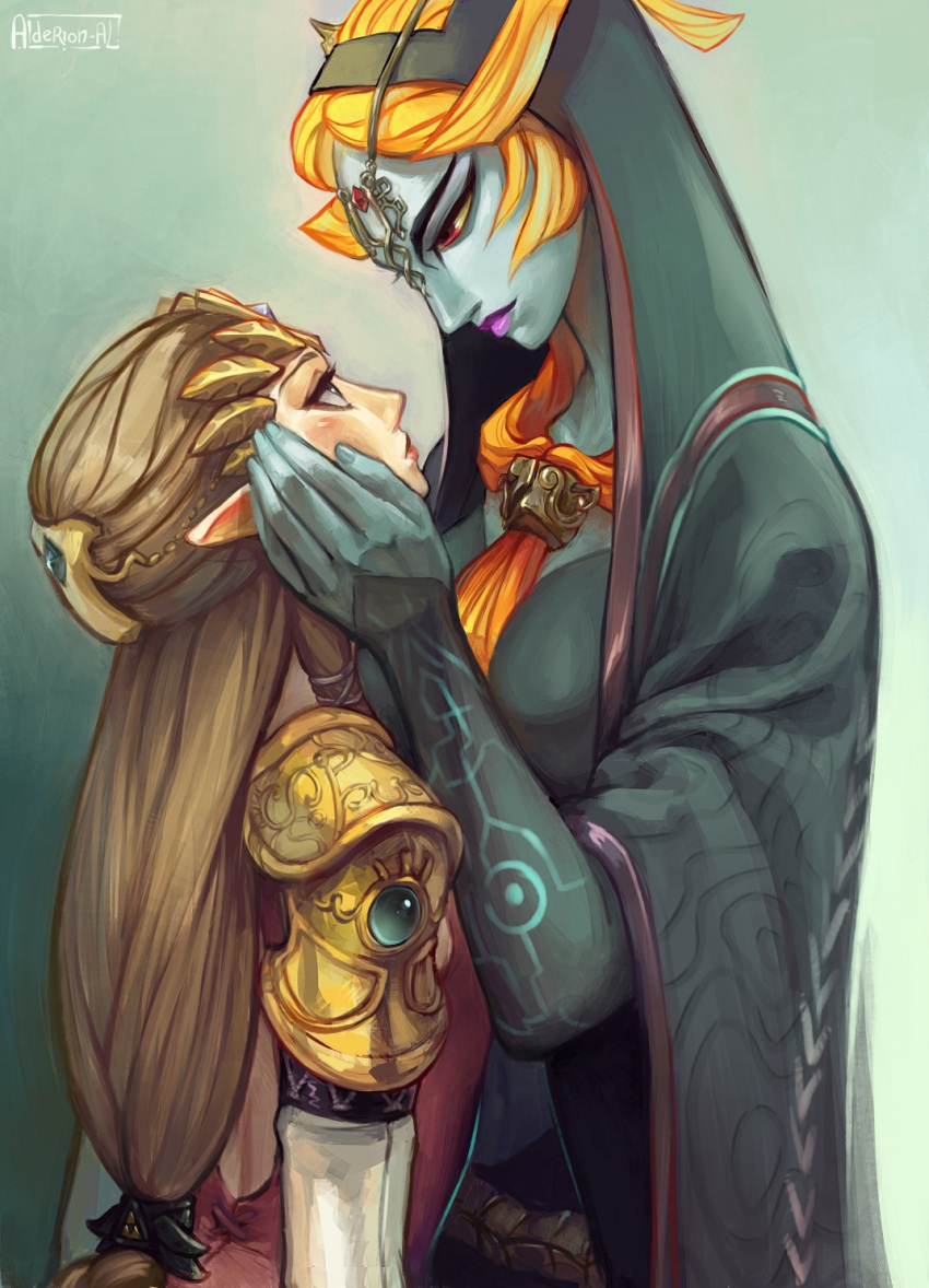 2girls alderion-al blue_skin brown_hair front_ponytail highres jewelry long_hair makeup midna midna_(true) multiple_girls orange_hair pointy_ears princess_zelda red_eyes size_difference twilight_princess