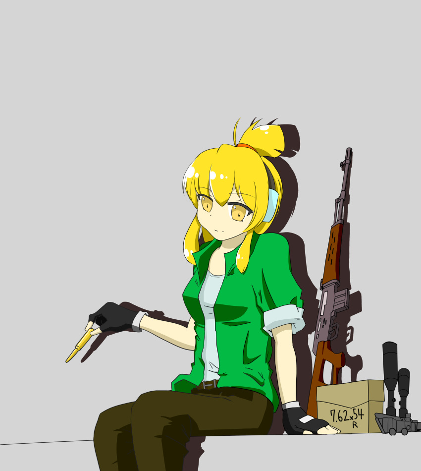 1girl absurdres blonde_hair bullet ear_protection fingerless_gloves gloves gun highres iris_(material_sniper) jacket material_sniper open_clothes open_jacket pants payot rifle scan scan_artifacts scope scrunchie short_ponytail sitting sleeves_rolled_up sniper_rifle type38arisaka weapon yellow_eyes