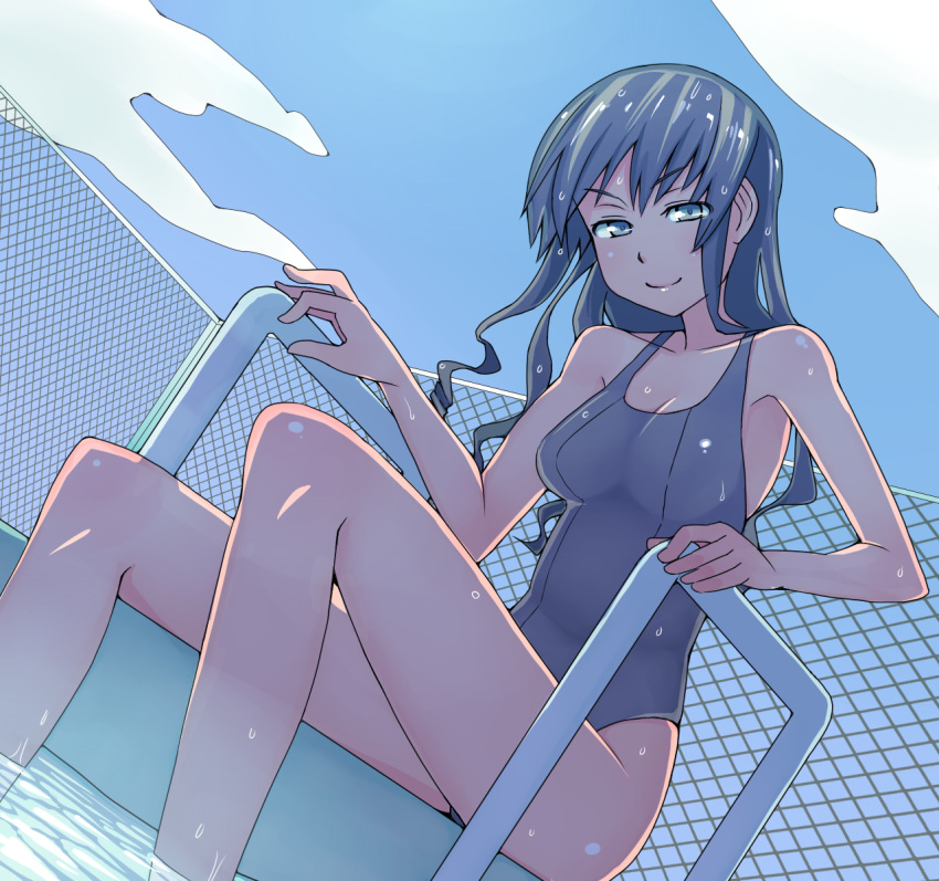 amagami black_hair blue_eyes breasts cleavage competition_swimsuit highres legs long_hair long_legs morishima_haruka naughty_face one-piece_swimsuit ossan_331 swimsuit thighs wet