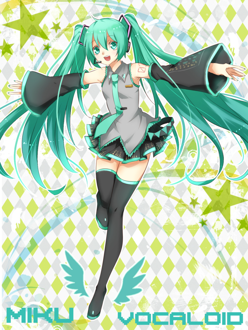 appleruby argyle argyle_background character_name detached_sleeves green_eyes green_hair hatsune_miku highres long_hair necktie outstretched_arms skirt solo spread_arms star thigh-highs thighhighs twintails very_long_hair vocaloid