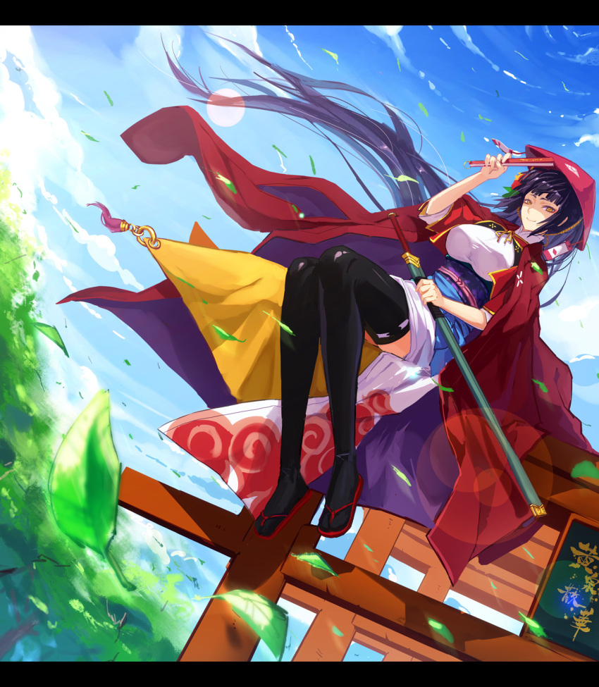 black_hair black_legwear breasts cape dutch_angle fan folding_fan hat hat_tip highres japanese_clothes leaf letterboxed long_hair obi pixiv_fantasia pixiv_fantasia_sword_regalia ryuuzaki_itsu sandals sheath sheathed sitting sitting_on_torii smile solo sword thigh-highs thighhighs torii weapon yellow_eyes