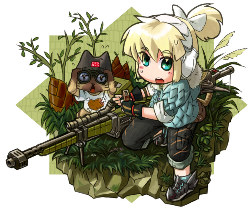 binoculars blonde_hair boned_meat bow_(weapon) crossbow crossover ear_protection fingerless_gloves food gloves green_eyes gun iris_(material_sniper) material_sniper meat monster_hunter monster_hunter_portable_3rd reflection reloading rifle scope short_ponytail shorts sleeveless sleeves_rolled_up sniper_rifle sweatdrop toriny weapon