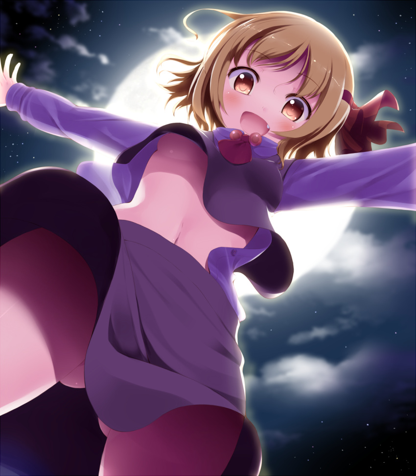:d ascot bad_id blonde_hair blush breasts brown_eyes cloud clouds fang from_below full_moon hair_ribbon highres komone_ushio long_sleeves looking_at_viewer moon navel night night_sky no_bra open_clothes open_mouth open_shirt outstretched_arms red_eyes ribbon rumia short_hair skirt skirt_set sky smile solo spread_arms star_(sky) starry_sky touhou under_boob underboob upshirt upskirt youkai