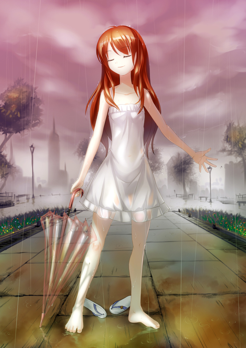 absurdres ahoge barefoot closed_eyes closed_umbrella cloudy_sky crazypen dress eyes_closed feet fog grass highres holding lamppost long_hair orange_hair original outdoors rain red_hair sandals see-through shoes_removed sky slippers smile solo standing transparent_umbrella tree umbrella wet wet_clothes white_dress