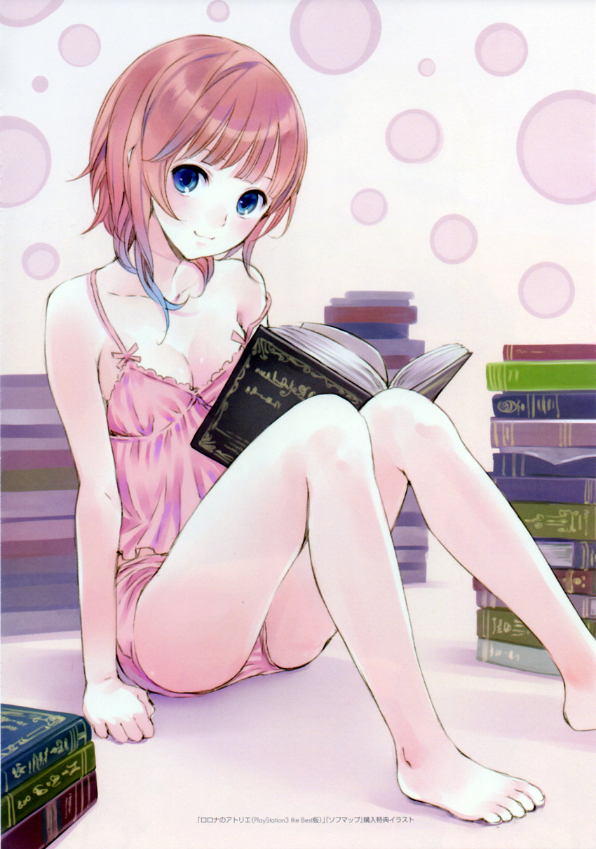 :3 absurdres atelier_(series) atelier_rorona bare_shoulders barefoot blue_eyes book breasts cleavage face feet gust highres kishida_mel legs looking_at_viewer multicolored_hair pajamas red_hair redhead rororina_fryxell short_hair sitting smile solo strap_slip