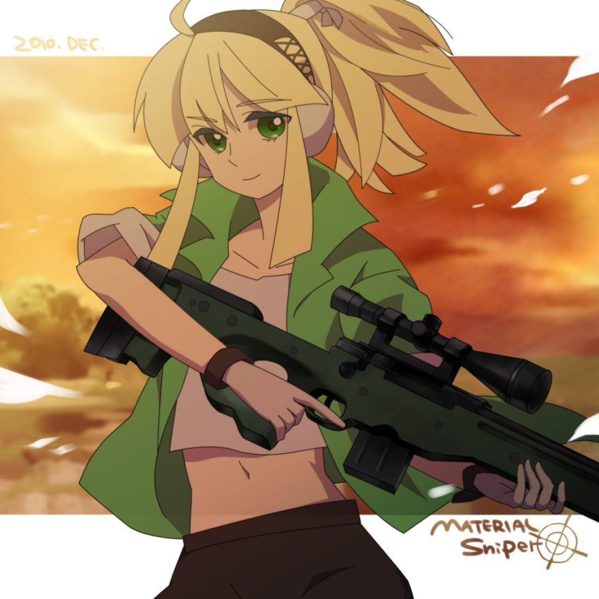 1girl blonde_hair dated ear_protection gloves green_eyes gun iris_(material_sniper) jacket material_sniper ponytail rifle scope short_hair sleeves_rolled_up sniper_rifle solo tako_niwa title_drop trigger_discipline weapon