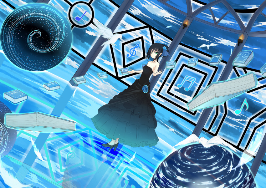 alua arm_up bare_shoulders bird black_dress black_hair book cloud clouds dress floating flower green_eyes hair_ornament highres musical_note original ripples short_hair sky solo standing_on_water surreal torch treble_clef water
