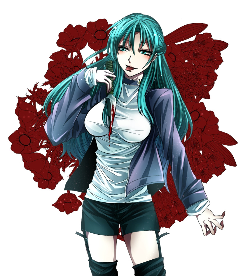 blood bloody_knife bolero breasts choker cropped_jacket eyelashes flower garter_straps green_eyes green_hair halter_top halterneck highres impossible_clothes impossible_shirt knife large_breasts okisute shorts solo thigh-highs thighhighs tongue tongue_out yurikawa_saki zombie zombie-ya_reiko