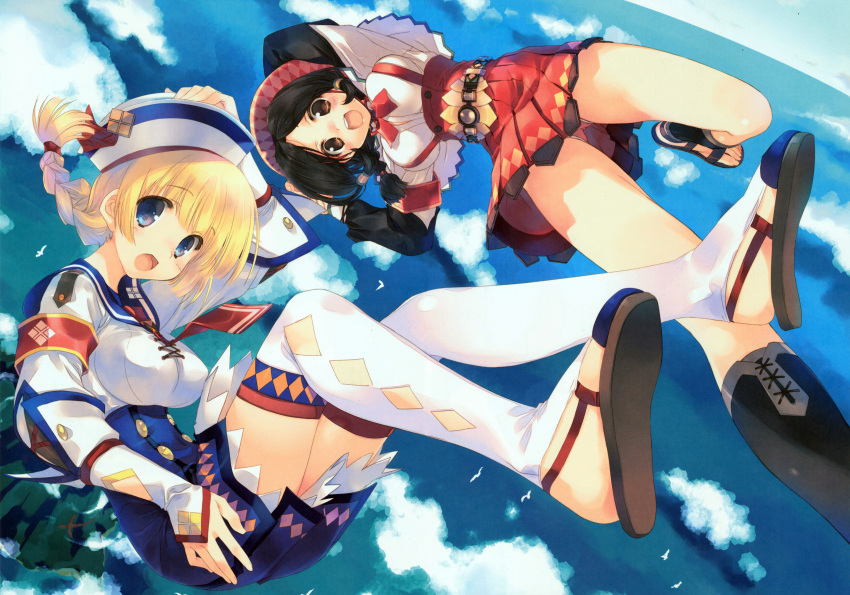 :d absurdres amazuyu_tatsuki armband arms_up black_hair blonde_hair blue_eyes blue_sky braid brown_eyes character_request cloud clouds dixie_cup_hat falling female from_above guild_sweetheart hat highres looking_at_viewer mitsumi_misato monster_hunter monster_hunter_3 monster_hunter_3_g multiple_girls ocean open_mouth panties pantyshot receptionist_(monster_hunter_3_g) red_panties sandals sky smile thigh-highs thighhighs underwear upskirt white_legwear