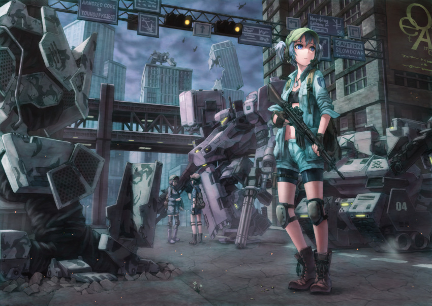 armored_core armored_core_5 backpack bag battlefield bike_shorts black_gloves black_hair black_legwear blue_eyes blue_hair boots brown_hair building city crack cracks crossover dark_haired_kappa debris dog_tags elbow_pads english extra fingerless_gloves flower gatling_gun glasses glasses_kappa gloves ground_shatter gun hair_bobbles hair_ornament hat headset helicopter highres kappa_mob kawashiro_nitori knee_pads kurione_(zassou) legwear_under_shorts machine mecha multiple_girls number open_clothes open_jacket operator pointing rifle road_sign robot ruins shell_casing short_hair shorts sign sleeves_pushed_up thigh-highs thighhighs title_drop touhou traffic_light twintails weapon