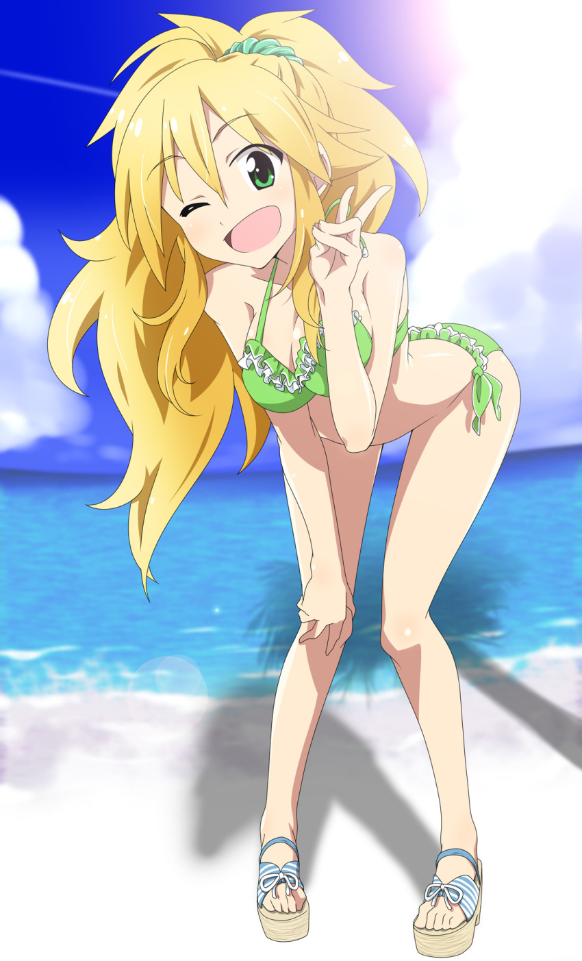 ;d bikini blonde_hair breasts cleavage green_eyes highres hoshii_miki idolmaster leaning long_hair midriff open_mouth platform_footwear ponytail sandals shirihime smile solo swimsuit v wink
