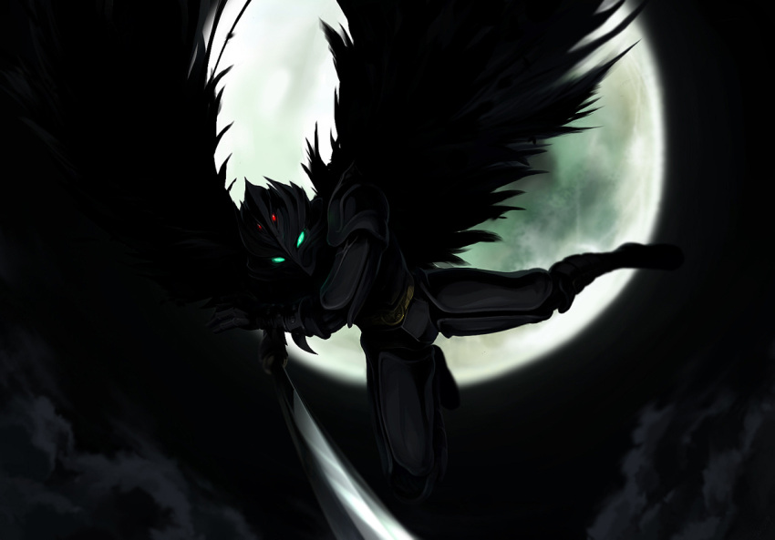 armor blue_eyes clouds karas midam moon night otoha_(karas) sword weapon wings