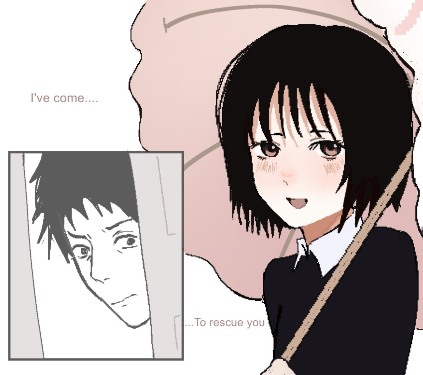 1boy 1girl :d black_dress black_hair blush bob_cut brown_eyes collared_dress commentary door dress english_text eyelashes highres holding holding_umbrella jaggy_lines loose_hair_strand nakahara_misaki nhk_ni_youkoso! nose_blush oekaki open_mouth opening_door partially_colored peeking_out pink_umbrella satou_tatsuhiro short_hair simple_background smile umbrella untranslatable_commentary upper_body white_background zukii3_mii_(mizumolasses)
