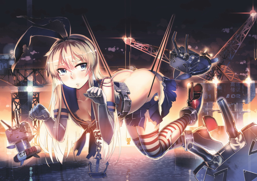 1girl anchor ass blonde_hair blue_eyes breasts cleavage elbow_gloves gloves hair_ribbon hairband kantai_collection long_hair looking_at_viewer personification rensouhou-chan repairing ribbon shimakaze_(kantai_collection) siqi_(miharuu) skirt solo striped striped_legwear sunset suspended thigh-highs torn_clothes torn_skirt water white_gloves