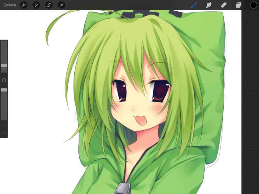 1girl 2000s_(style) :3 ahoge animal_ears animal_hood blush bonnybel cat_ears cat_hood commentary creeparka creeper english_commentary fake_animal_ears faux_retro_artstyle green_hair green_hoodie hair_between_eyes highres hood hood_up hoodie jelly_(bonnybel) looking_at_viewer medium_hair minecraft open_mouth personification procreate_(medium) red_eyes simple_background solo unfinished white_background