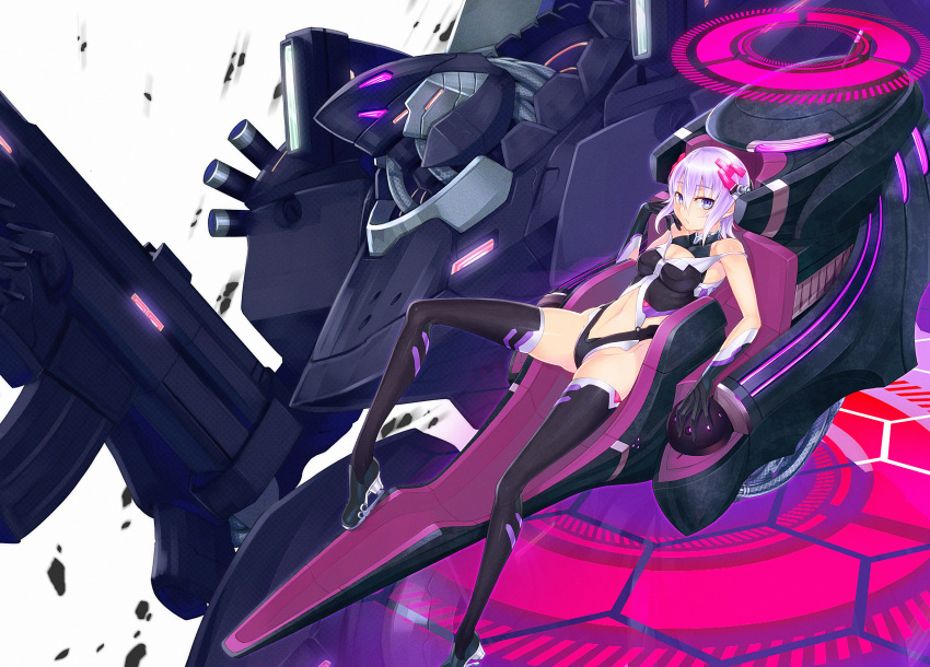 :&lt; armpits ayaki breasts cleavage elbow_gloves gloves grey_eyes highres legs looking_at_viewer lying mecha navel off_shoulder original short_hair silver_eyes silver_hair solo thigh-highs thighhighs