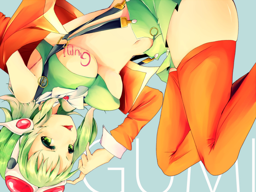 :p breasts goggles goggles_on_head green_eyes green_hair gumi headphones megpoid_(vocaloid3) midriff navel ritsuu short_hair shorts smile solo suspenders thigh-highs thighhighs tongue under_boob underboob vocaloid