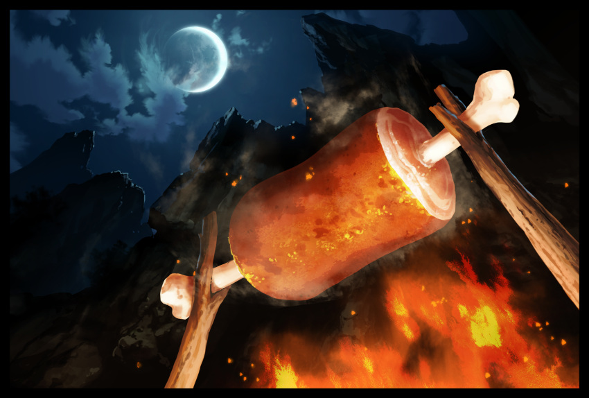 campfire cloud clouds cooking crescent_moon fire food from_below highres meat moon mountain nature night no_humans original technoheart tree