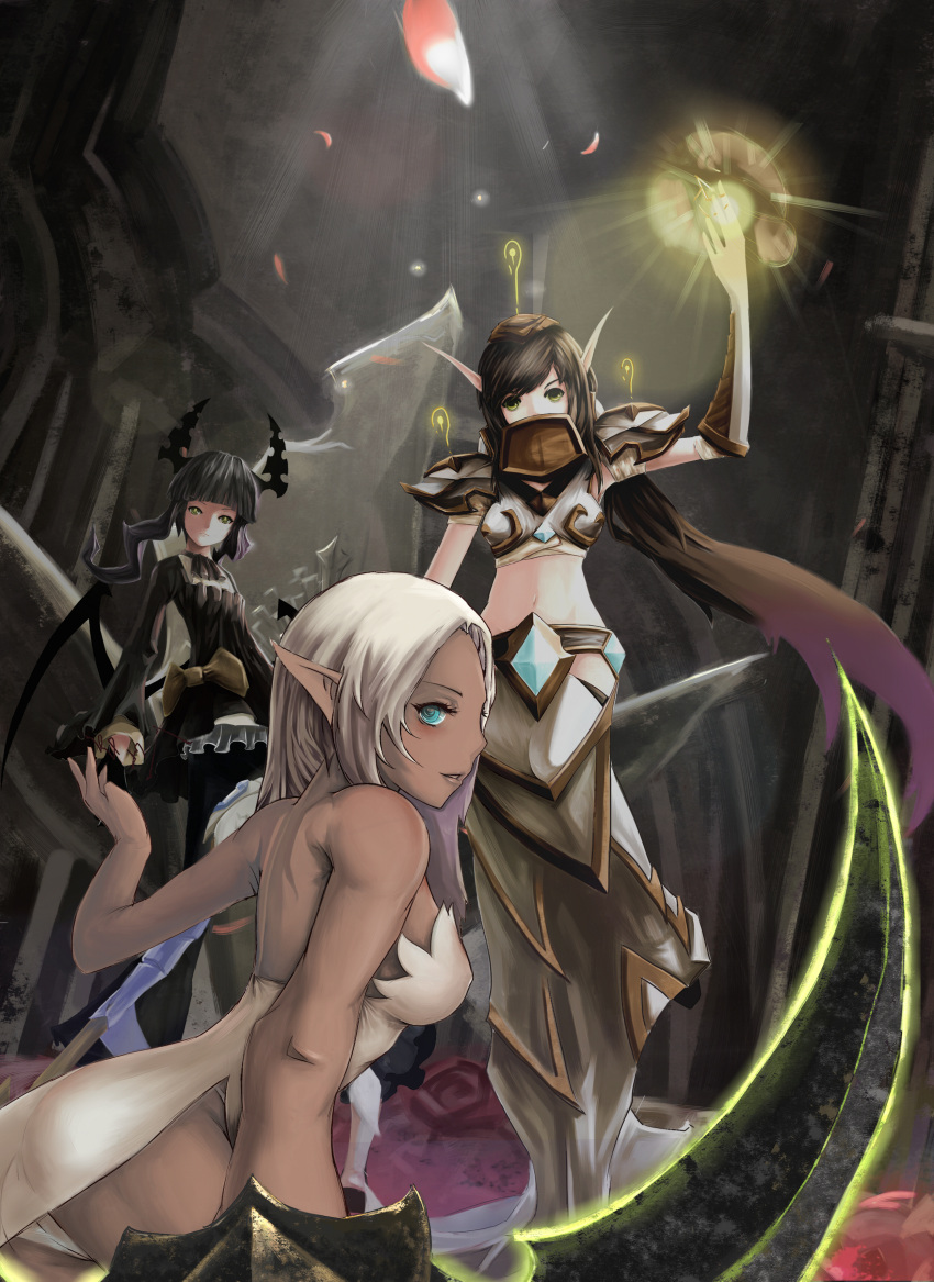 absurdres black_hair black_rock_shooter blood_elf blue_eyes crossover dead_master green_eyes highres horns midriff multiple_girls pointy_ears sword tree_(artist) warcraft weapon white_hair world_of_warcraft