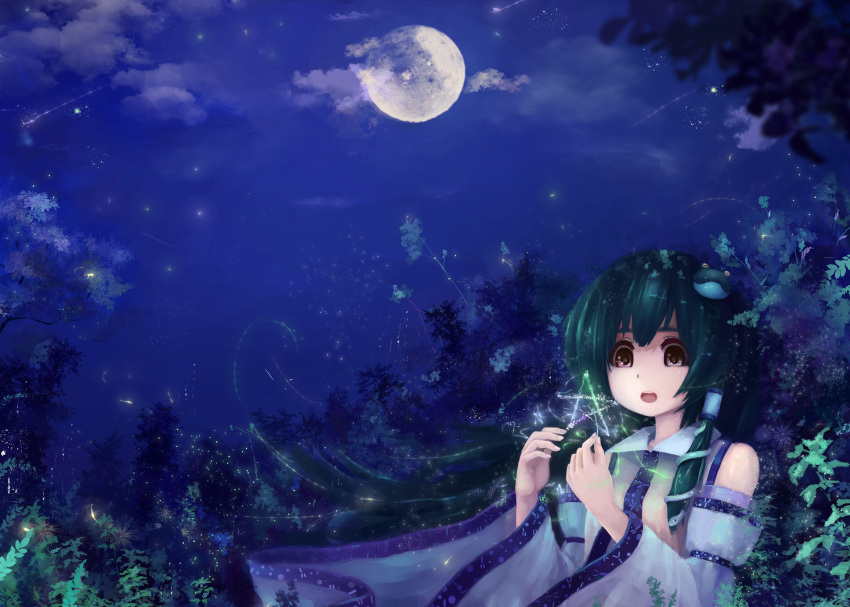 1girl absurdres breasts brown_eyes bust detached_sleeves forest frog_hair_ornament full_moon green_hair hair_ornament highres hoshino_arika kochiya_sanae light_particles long_hair magic moon nature night night_sky open_mouth outdoors sky snake_hair_ornament solo touhou tree tree_branch wide_sleeves
