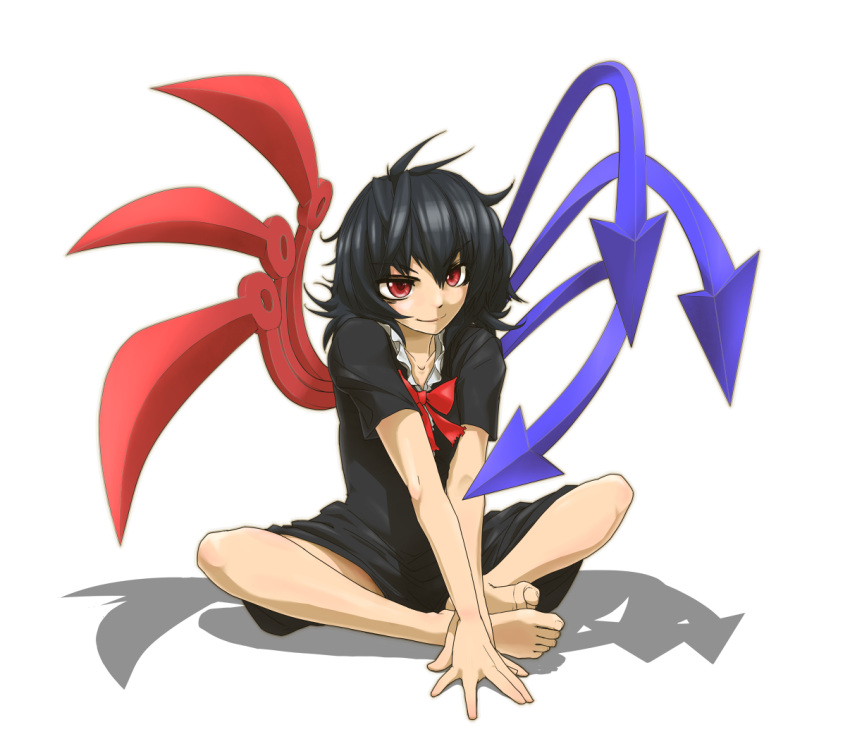 asymmetrical_wings barefoot black_hair butterfly_sitting didloaded dress feet hands houjuu_nue red_eyes ribbon shadow simple_background sitting smile solo touhou wings