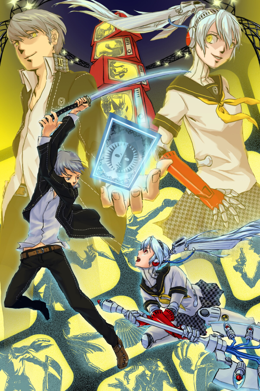 1girl android aqua_hair axe battle_axe blue_hair dark_persona headphones highres labrys long_hair narukami_yuu persona persona_4 persona_4:_the_ultimate_in_mayonaka_arena pleated_skirt ponytail red_eyes robot_joints school_uniform shadow_(persona) short_hair skirt smile weapon