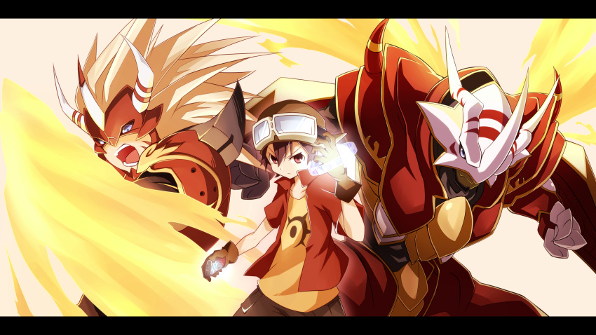 agnimon armor black_hair blue_eyes child claws digimon digimon_frontier digivice fiery_wings fire gloves glowing goggles hat highres horns kanbara_takuya lemon_(wzcrybmi) monster multiple_persona red_eyes short_hair spikes vritramon