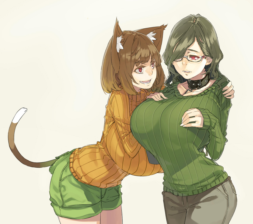 animal_ears between_breasts breasts cat_ears cat_tail collar fangs glasses green_hair hair_over_one_eye highres huge_breasts khakis long_hair muneneko original red_eyes ribbed_sweater short_hair shorts sweater tail yuri