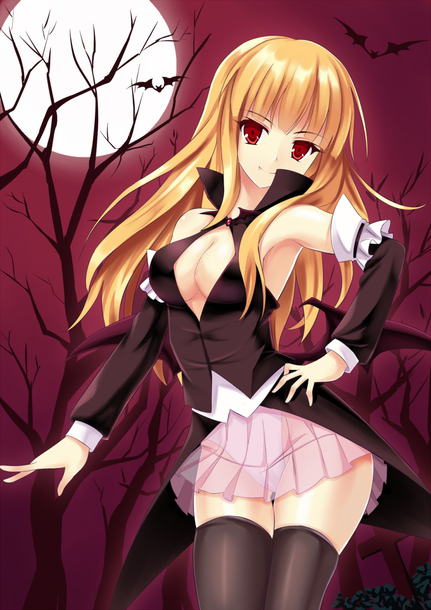 bare_shoulders bare_tree bat black_legwear blonde_hair breasts cleavage copyright_request detached_sleeves fang full_moon hand_on_hip highres hips leotard long_hair looking_at_viewer low_wings mahou_sensei_negima! moon pleated_skirt red_eyes see-through skirt smile solo thigh-highs thigh_gap thighhighs thighs tree wings zi_se