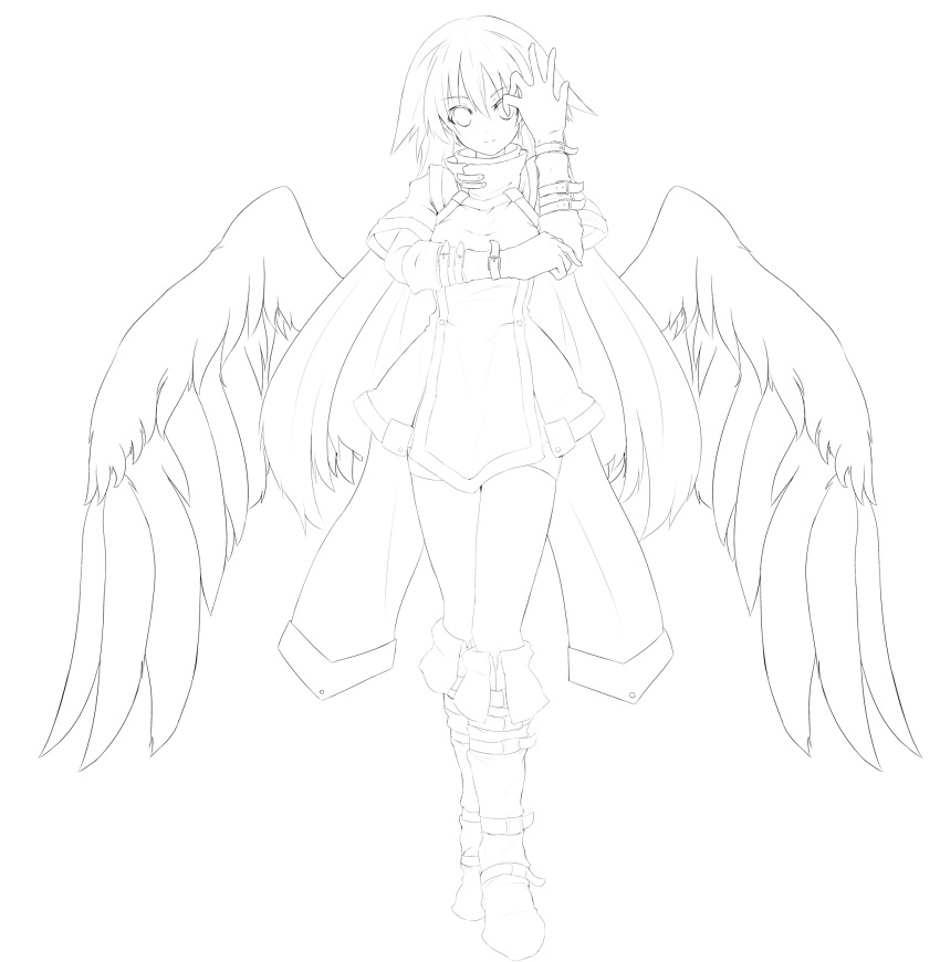 copyright_request greyscale highres lineart long_hair looking_at_viewer monochrome smile solo transparent_background very_long_hair wings yu-ves