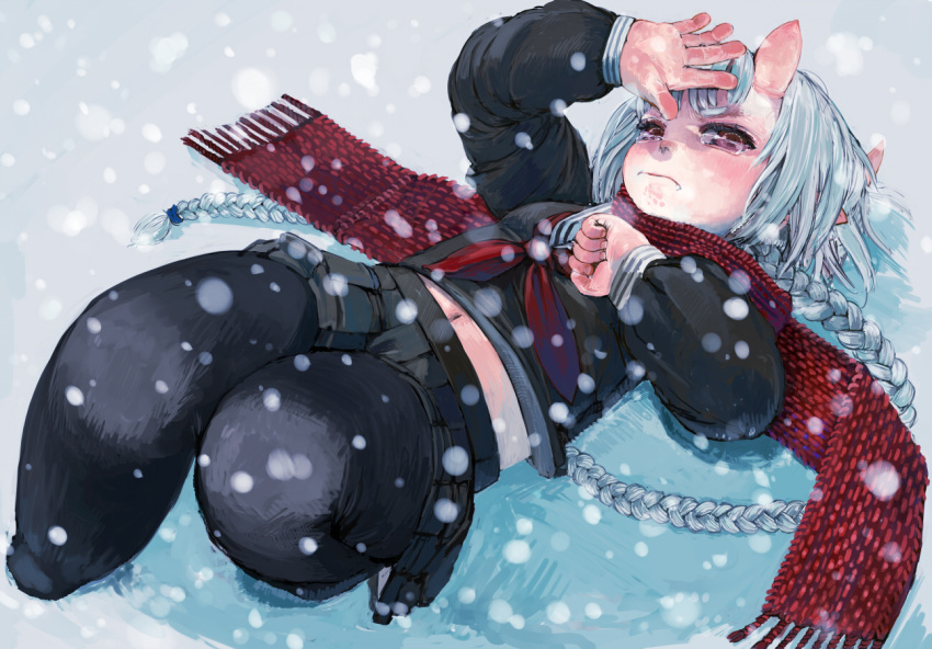 1girl braid crying crying_with_eyes_open ebimomo fang from_above horns legs_up long_hair looking_at_viewer lying midriff navel oni original outdoors pantyhose pointy_ears red_eyes red_scarf scarf school_uniform serafuku shirt silver_hair skirt snow solo tears winter