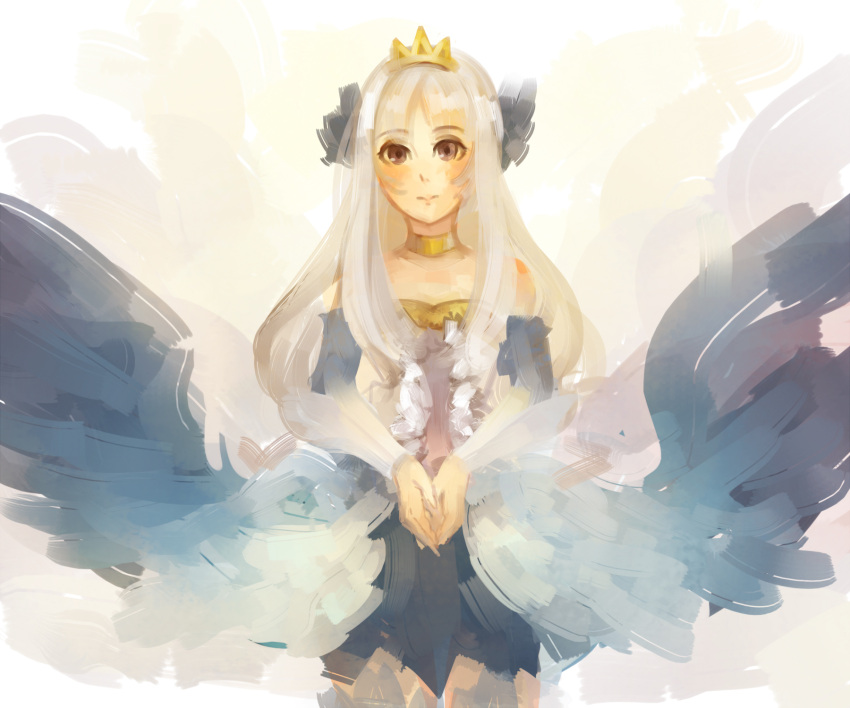 1girl armor armored_dress brown_eyes choker detached_sleeves drawfag dress faux_traditional_media gwendolyn hair_down hair_ornament highres long_hair mini_crown odin_sphere smile solo strapless_dress white_hair wings