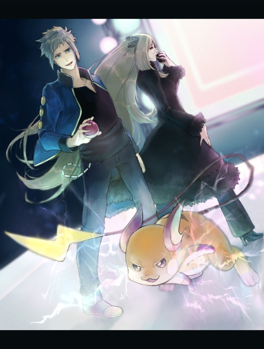 1girl asa_(oaasvxr) bad_id blonde_hair blue_eyes denji_(pokemon) epic hair_ornament highres letterboxed open_clothes open_jacket poke_ball pokemon pokemon_(game) pokemon_bw2 raichu shirona_(pokemon)