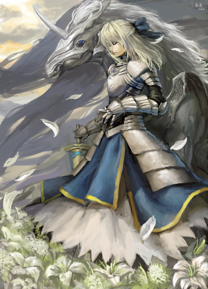 1girl absurdres adapted_costume armor armored_dress avalon_(fate/stay_night) blonde_hair bow closed_eyes dress excalibur eyes_closed fate/zero fate_(series) faulds flower gauntlets hair_bow hair_down half_updo highres lily_(flower) long_hair petals saber sheath sheathed solo sword unicorn weapon