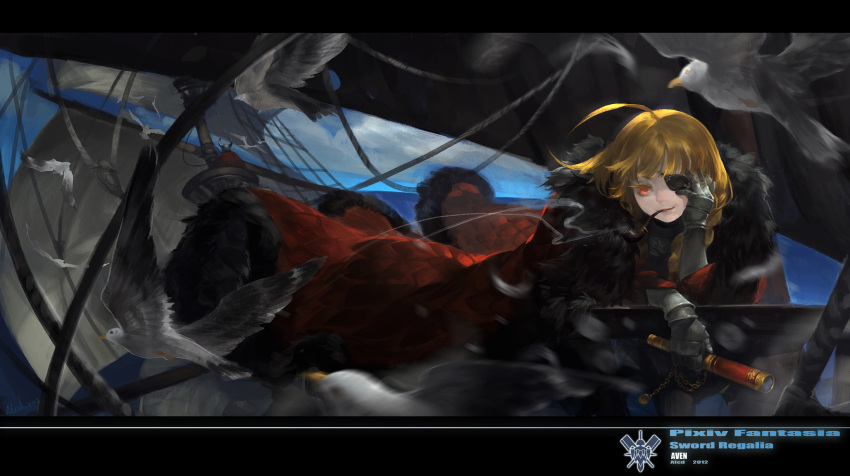 alcd bird blonde_hair cape eyepatch fur_trim gauntlets highres letterboxed long_hair pipe pirate pixiv_fantasia pixiv_fantasia_sword_regalia red_eyes scope seagull ship solo