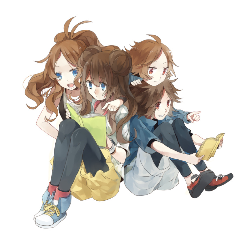 2girls bad_id black_legwear blue_eyes book brown_hair double_bun female_protagonist_(pokemon_bw2) grin highres kyouhei_(pokemon) leggings legwear_under_shorts long_hair male_protagonist_(pokemon_bw2) mei_(pokemon) multiple_boys multiple_girls pantyhose pointing pokemon pokemon_(game) pokemon_bw pokemon_bw2 ponytail reading red_eyes shoes short_hair shorts simple_background sitting smile sneakers tang_elen touko_(pokemon) touya_(pokemon) white_background